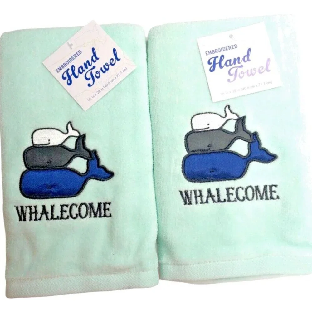 Whale Hand Towels Embroidered Bath Summer Beach Mint Green Set of 2 Whales